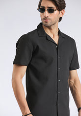 Cuban Collar Black Self Shirt